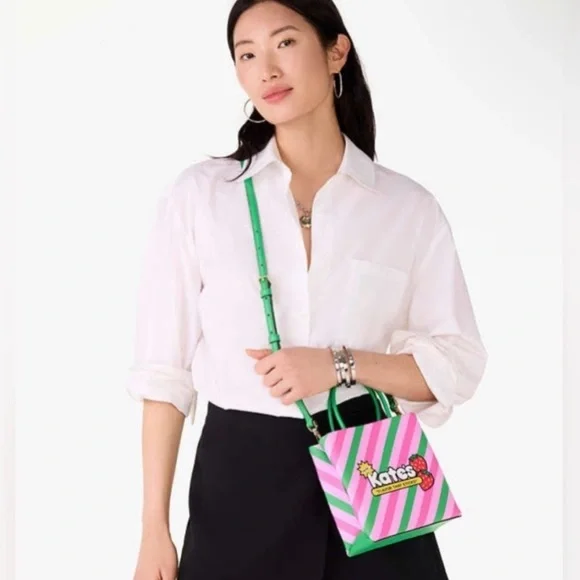 NWT Kate Spade Candy Treat Yourself Mini Crossbody Tote- Pink and Green Stripes - Picture 2 of 10